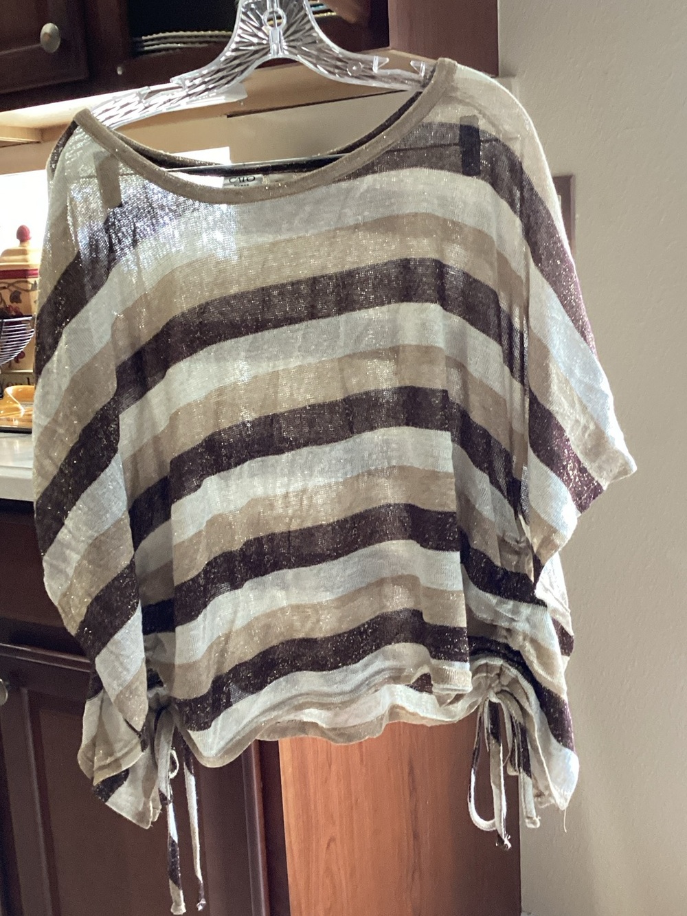 Cato Striped Drawstring Hem Tunic Top in Beige and Brown